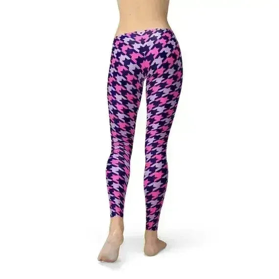 Womens Pink Purple Houndstooth Leggings - Femstylo