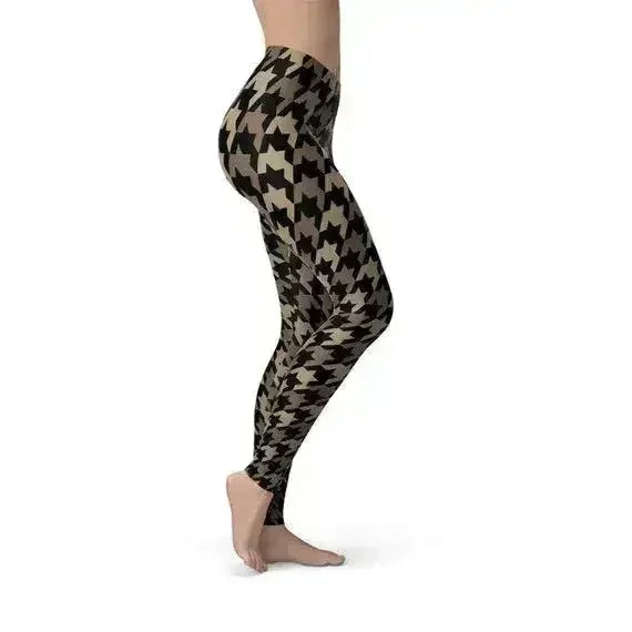 Womens Beige Brown Houndstooth Leggings - Femstylo