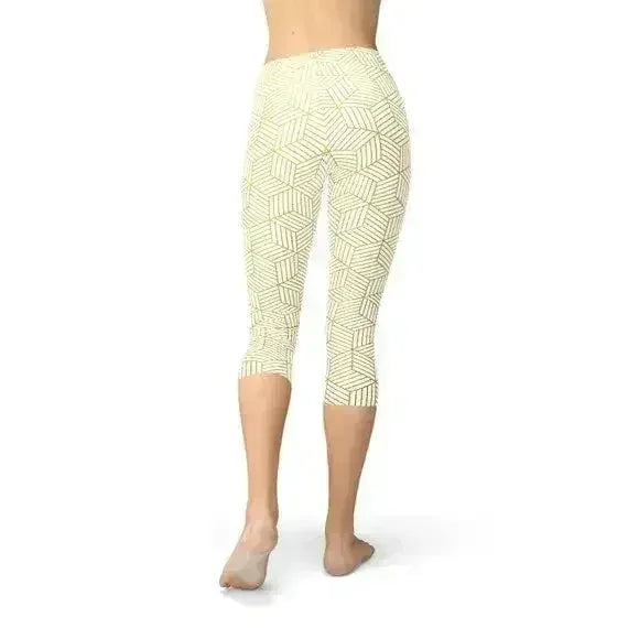 Womens White Capri Leggings w/ Geometric Cubes - Femstylo
