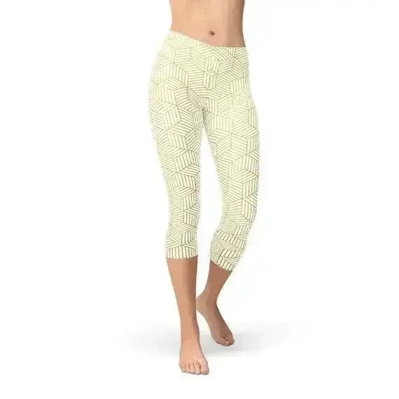 Womens White Capri Leggings w/ Geometric Cubes - Femstylo