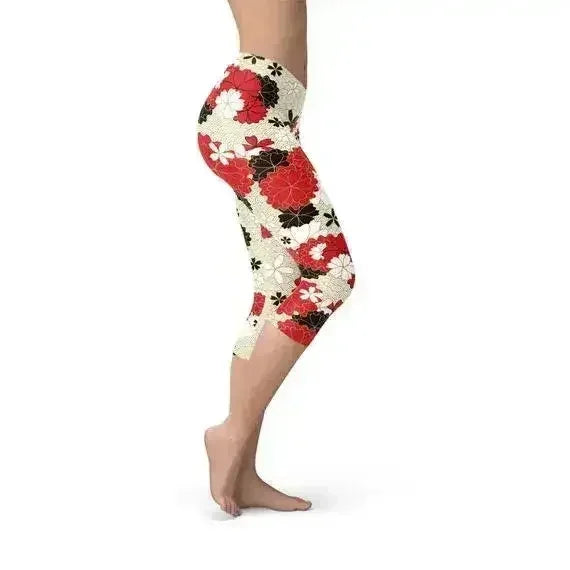 Womens Japanese Cherry Blossom Capri Leggings - Femstylo