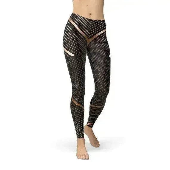 Womens Striped Lines Sports Brown Leggings - Femstylo