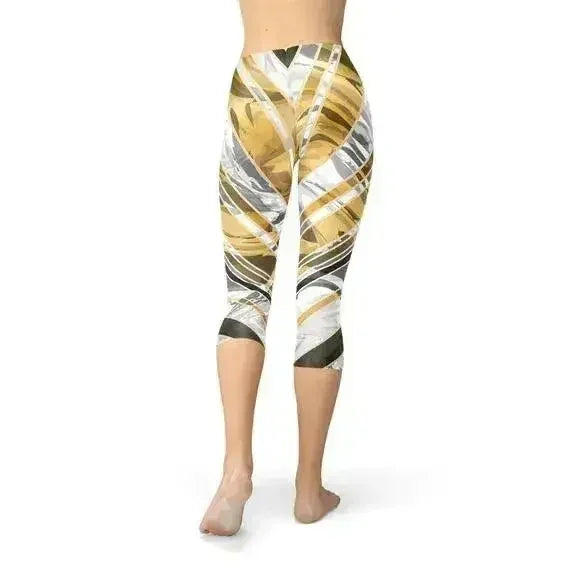 White Marble w/ Black Gold Lines Capri Leggings - Femstylo