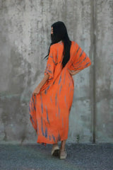 Hand-Dyed Tie-Dye Orange Maxi Kaftan Dress with Pockets – Loose Fit, - Femstylo