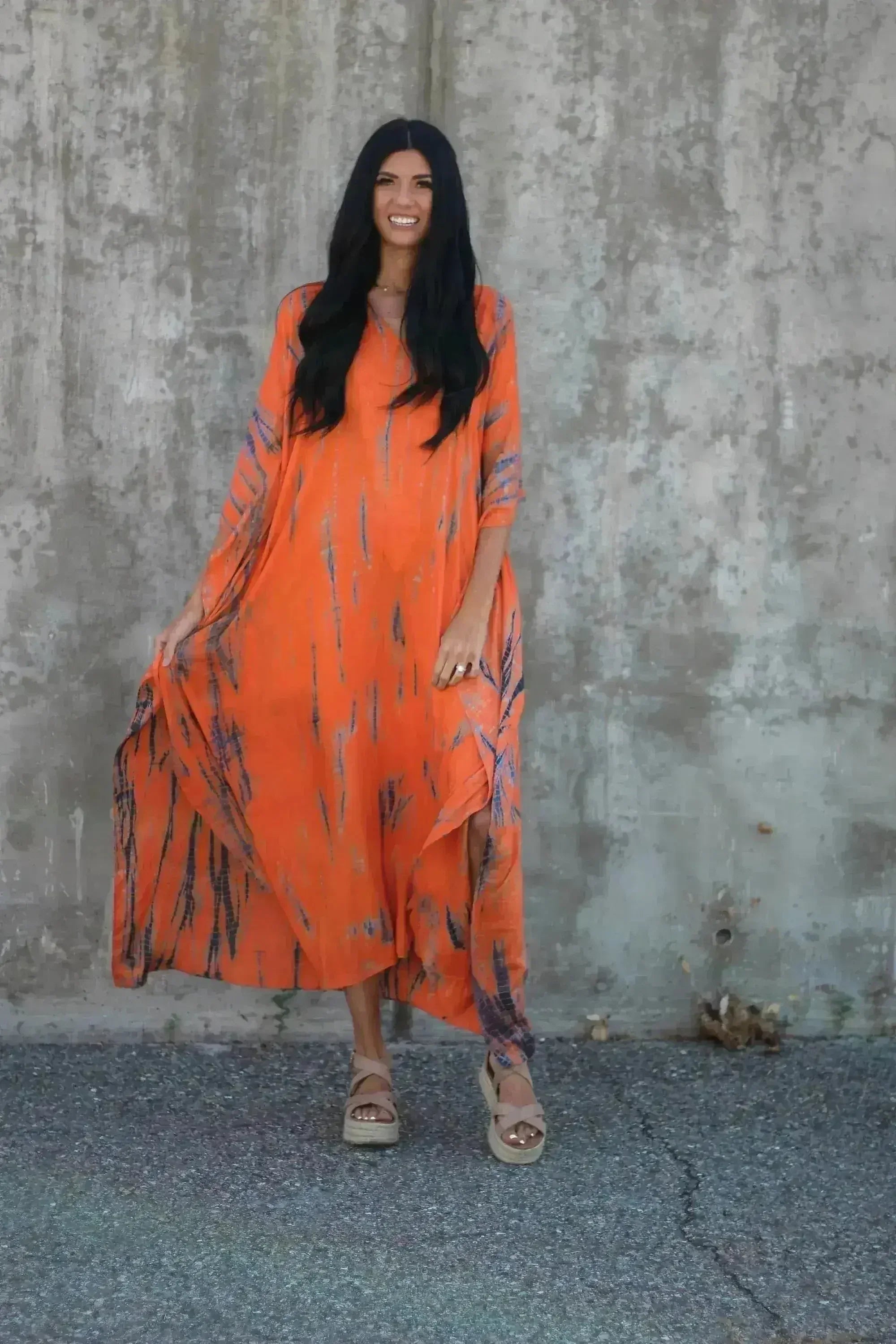 Hand-Dyed Tie-Dye Orange Maxi Kaftan Dress with Pockets – Loose Fit, - Femstylo