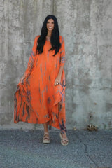 Hand-Dyed Tie-Dye Orange Maxi Kaftan Dress with Pockets – Loose Fit, - Femstylo