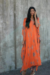Hand-Dyed Tie-Dye Orange Maxi Kaftan Dress with Pockets – Loose Fit, - Femstylo