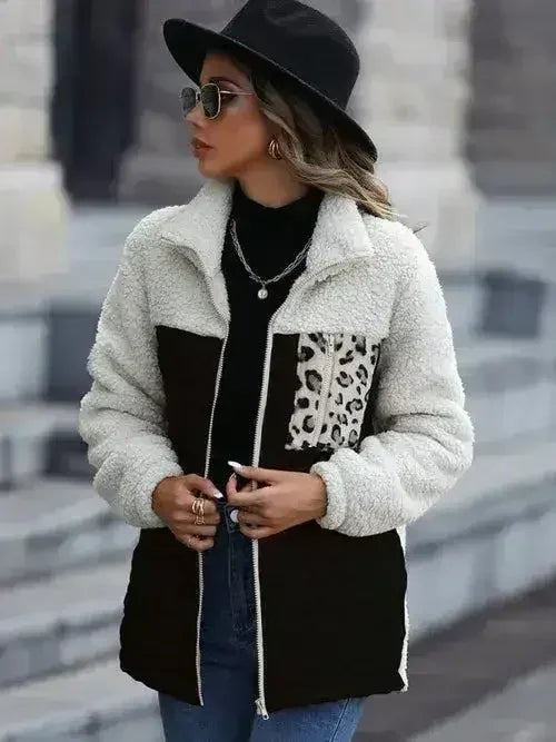 Leopard Pocket Plush Quilted Jacket - Femstylo