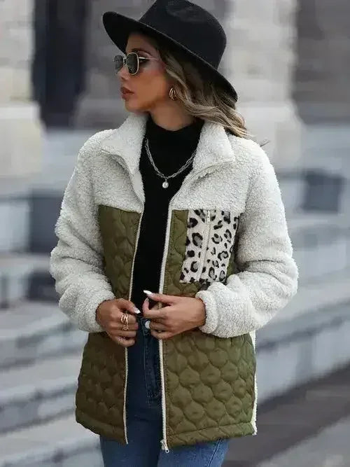 Leopard Pocket Plush Quilted Jacket - Femstylo