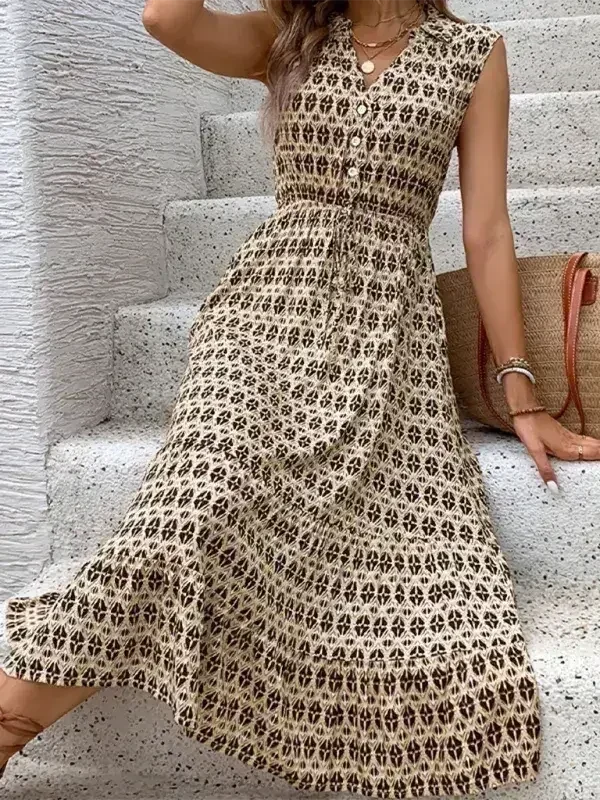 Women's New Comfortable Retro Sleeveless V-Neck High Waist Dress - Femstylo