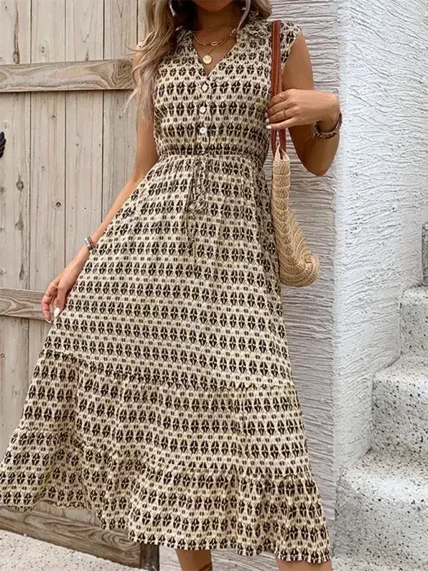 Women's New Comfortable Retro Sleeveless V-Neck High Waist Dress - Femstylo