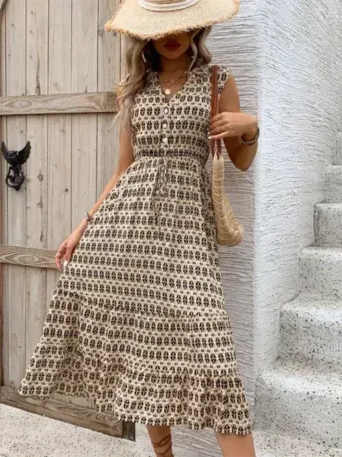 Women's New Comfortable Retro Sleeveless V-Neck High Waist Dress - Femstylo