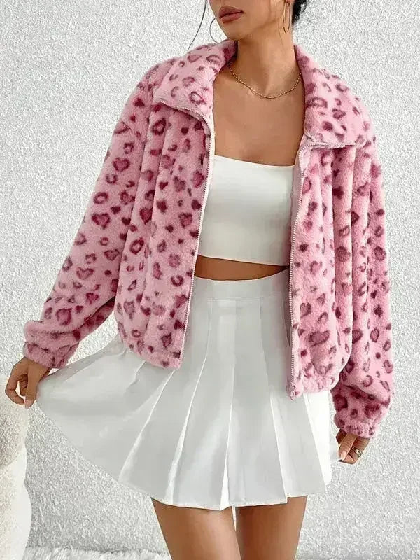 Valentine's Day Love Leopard Print Plush Jacket - Femstylo