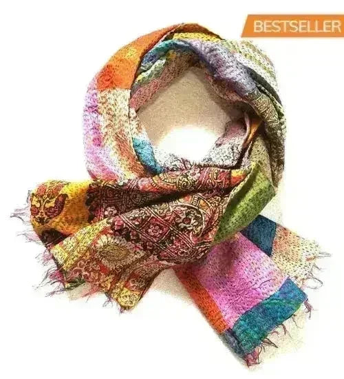 Vintage Silk Saree Kantha throw - Hand Stitched Upcycled - Femstylo