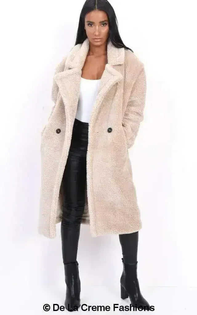Jackie Double Breasted Borg Teddy Midi Coat - Femstylo