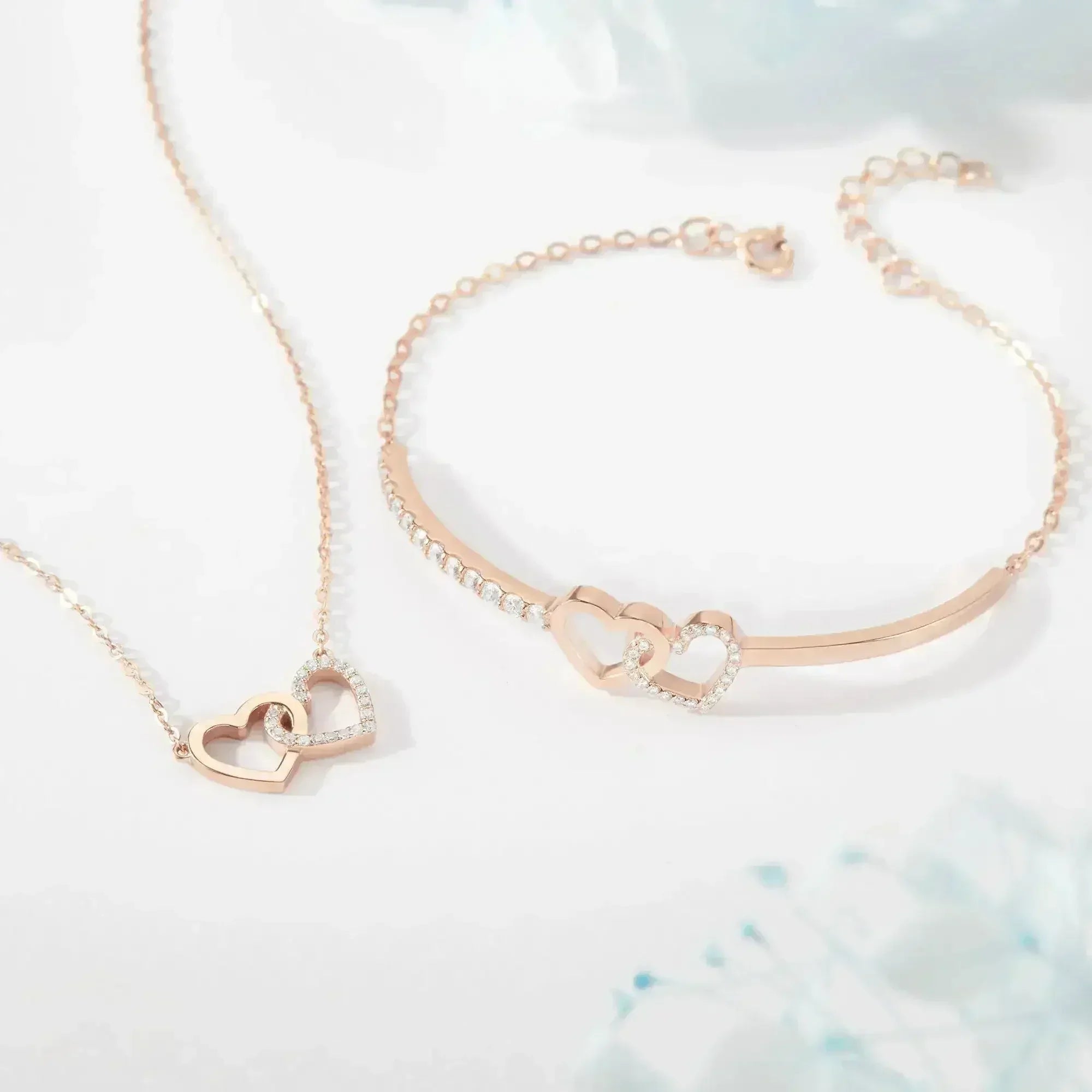 Double Heart Linked Necklace, Silver Heart Pendant Necklace, Stone - Femstylo