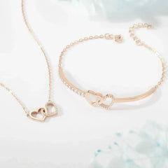 Double Heart Linked Necklace, Silver Heart Pendant Necklace, Stone - Femstylo