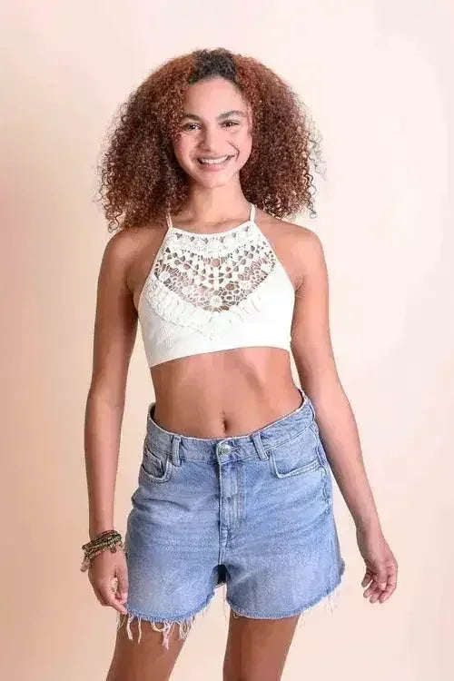 Crochet Lace High Neck Bralette – Halter Style with Cross-Back - Femstylo