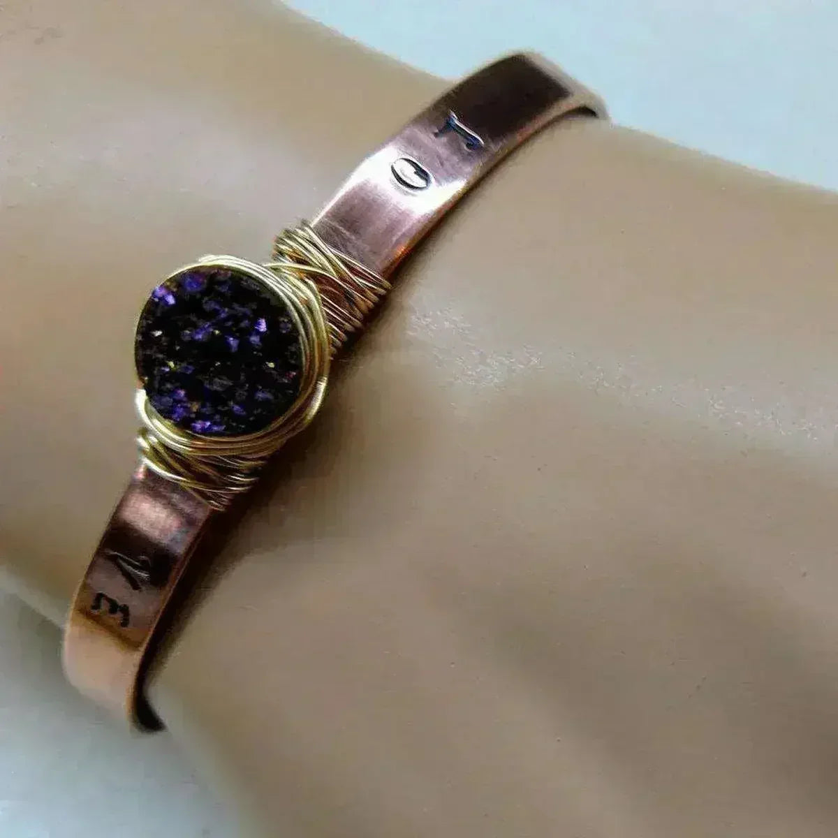 LOVE Stamped Gold Wire Wrapped Purple Druzy Copper Cuff - Femstylo