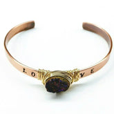 LOVE Stamped Gold Wire Wrapped Purple Druzy Copper Cuff - Femstylo