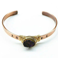 LOVE Stamped Gold Wire Wrapped Purple Druzy Copper Cuff - Femstylo