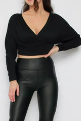 Long Sleeve Ribbed Cross Wrap Crop Top - Femstylo