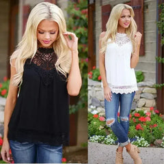 Lace Women Blouse Vintage Sleeveless White Crochet Casual Shirts Tops - Femstylo