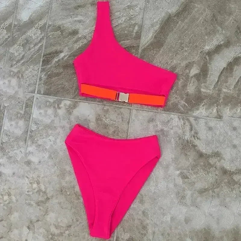 HOt Pink One Shoulder High Waist Bikini Swimsuit Swimwear Women - Femstylo