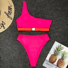 HOt Pink One Shoulder High Waist Bikini Swimsuit Swimwear Women - Femstylo