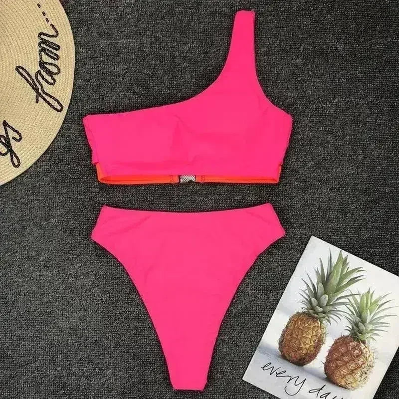 HOt Pink One Shoulder High Waist Bikini Swimsuit Swimwear Women - Femstylo