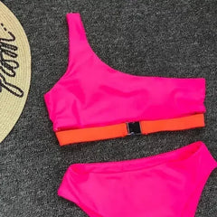 HOt Pink One Shoulder High Waist Bikini Swimsuit Swimwear Women - Femstylo