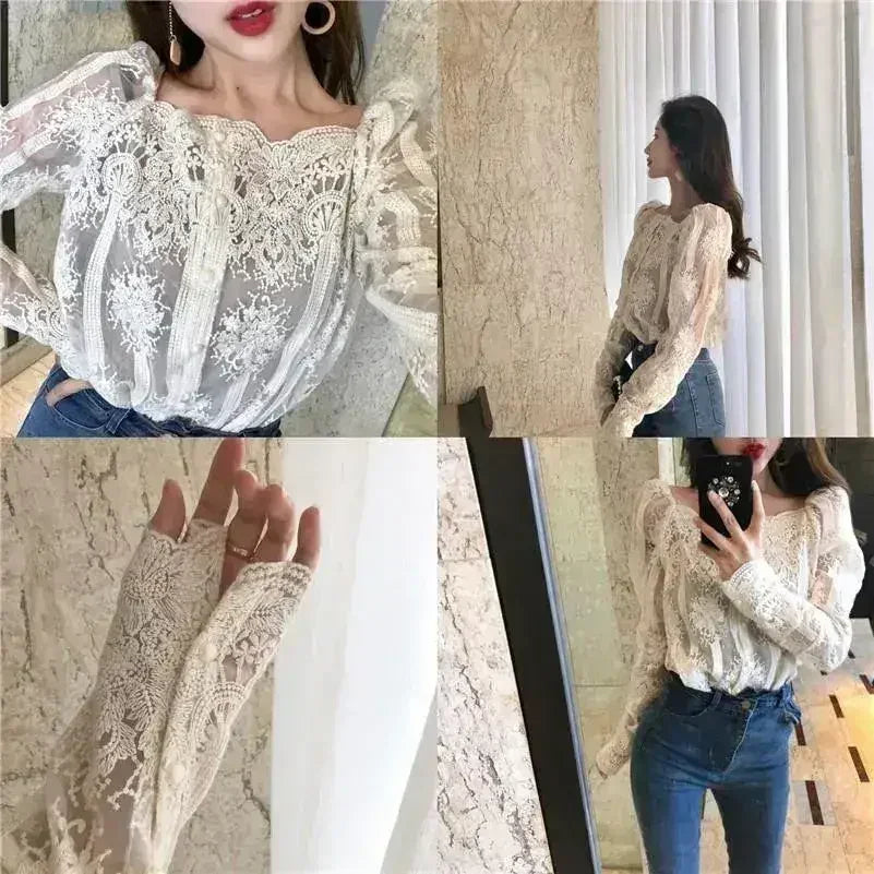 Mesh Pearls Shirts Strapless Lace Long Sleeve Gauze Stitching Blouse - Femstylo