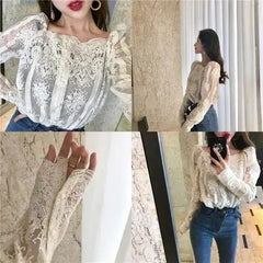 Mesh Pearls Shirts Strapless Lace Long Sleeve Gauze Stitching Blouse - Femstylo