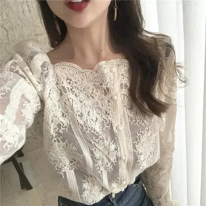 Mesh Pearls Shirts Strapless Lace Long Sleeve Gauze Stitching Blouse - Femstylo