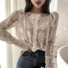 Mesh Pearls Shirts Strapless Lace Long Sleeve Gauze Stitching Blouse - Femstylo