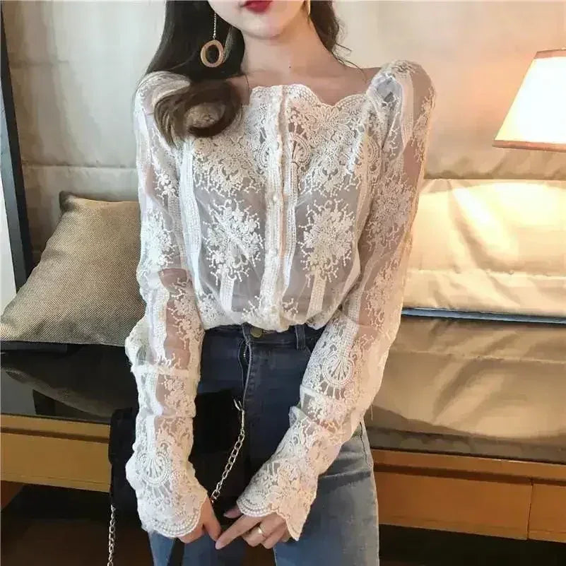 Mesh Pearls Shirts Strapless Lace Long Sleeve Gauze Stitching Blouse - Femstylo