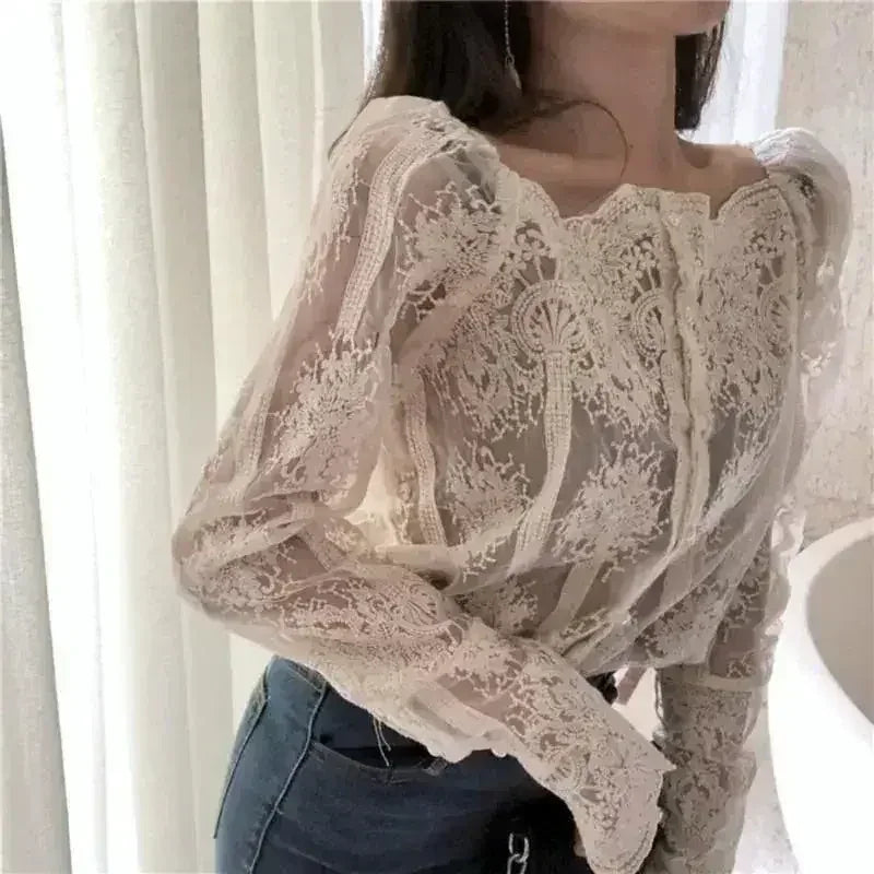 Mesh Pearls Shirts Strapless Lace Long Sleeve Gauze Stitching Blouse - Femstylo