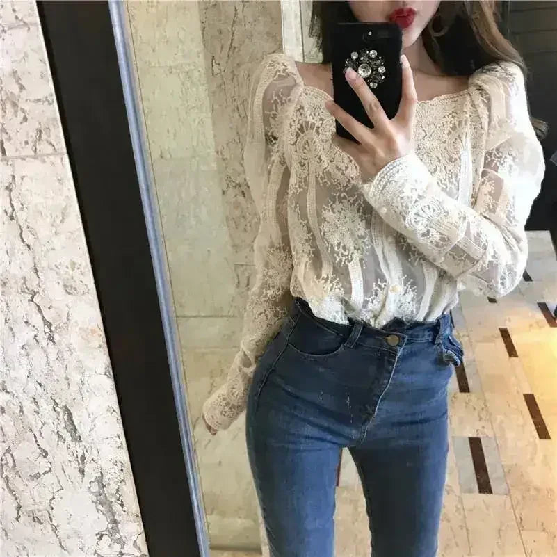 Mesh Pearls Shirts Strapless Lace Long Sleeve Gauze Stitching Blouse - Femstylo