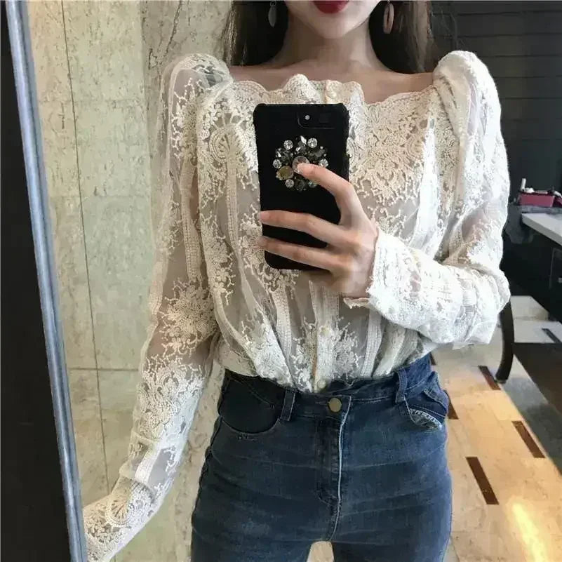 Mesh Pearls Shirts Strapless Lace Long Sleeve Gauze Stitching Blouse - Femstylo