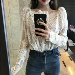 Mesh Pearls Shirts Strapless Lace Long Sleeve Gauze Stitching Blouse - Femstylo