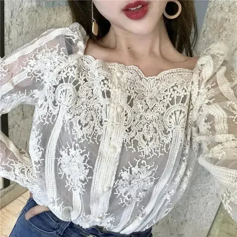 Mesh Pearls Shirts Strapless Lace Long Sleeve Gauze Stitching Blouse - Femstylo