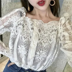 Mesh Pearls Shirts Strapless Lace Long Sleeve Gauze Stitching Blouse - Femstylo