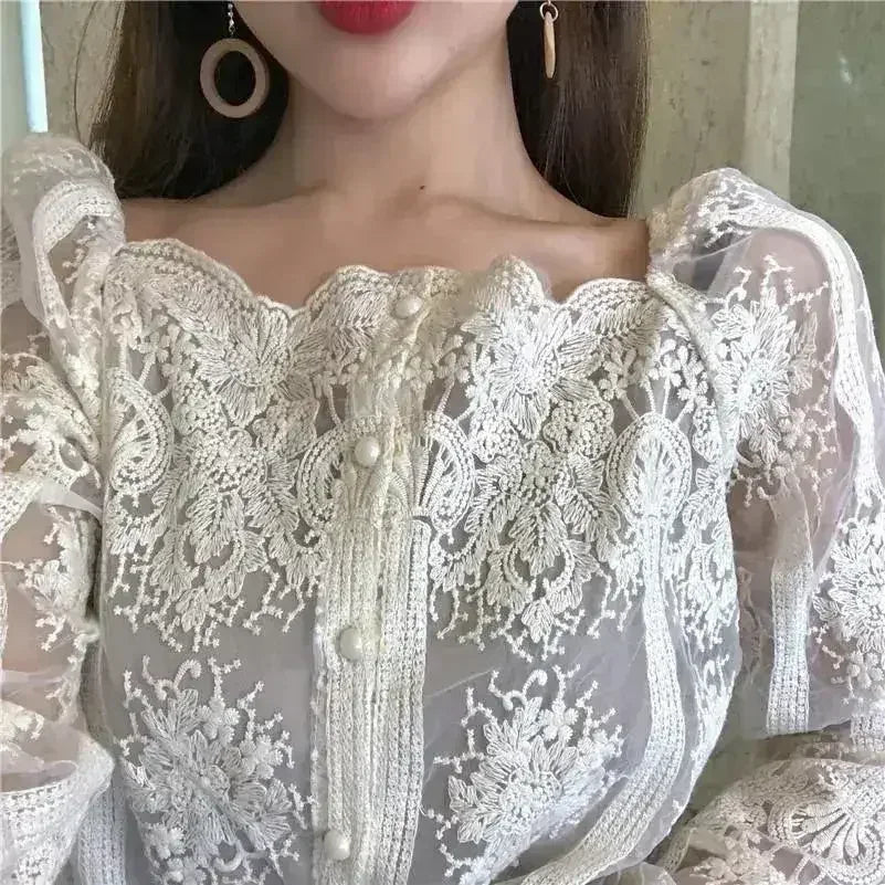 Mesh Pearls Shirts Strapless Lace Long Sleeve Gauze Stitching Blouse - Femstylo