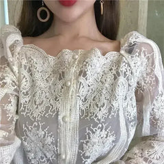 Mesh Pearls Shirts Strapless Lace Long Sleeve Gauze Stitching Blouse - Femstylo
