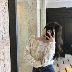 Mesh Pearls Shirts Strapless Lace Long Sleeve Gauze Stitching Blouse - Femstylo