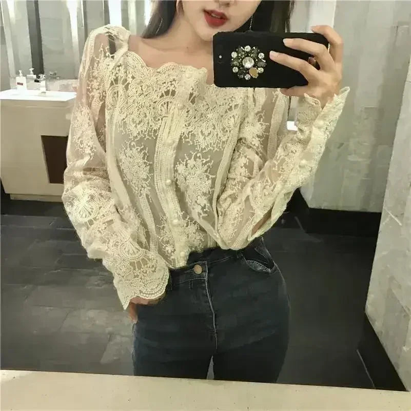 Mesh Pearls Shirts Strapless Lace Long Sleeve Gauze Stitching Blouse - Femstylo