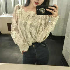 Mesh Pearls Shirts Strapless Lace Long Sleeve Gauze Stitching Blouse - Femstylo