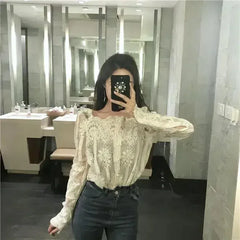 Mesh Pearls Shirts Strapless Lace Long Sleeve Gauze Stitching Blouse - Femstylo