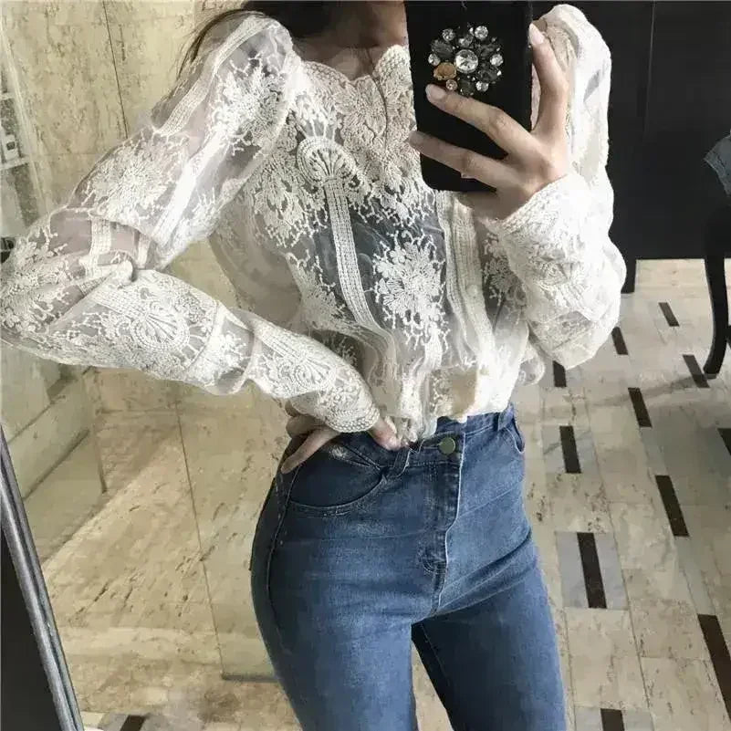 Mesh Pearls Shirts Strapless Lace Long Sleeve Gauze Stitching Blouse - Femstylo