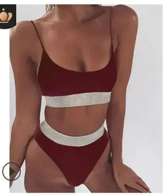 Two-Pieces Sexy Women Sequined Crystal Bikini Set Ladies Rhinestone - Femstylo